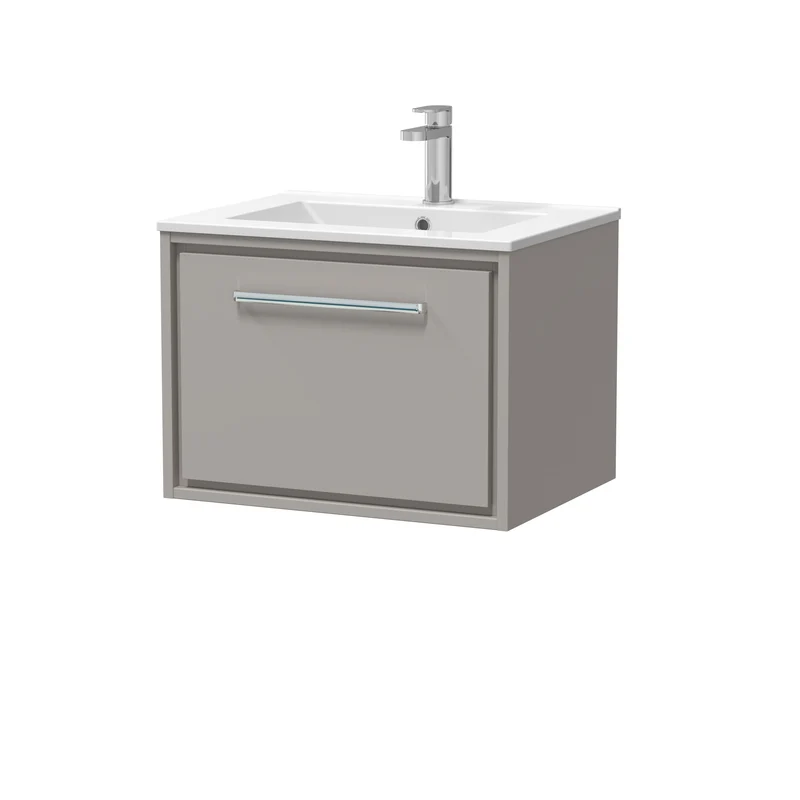 Lille 600mm Wall Hung 1 Drawer Vanity Unit & Minimalist Ceramic Basin - Pebble Grey Matt