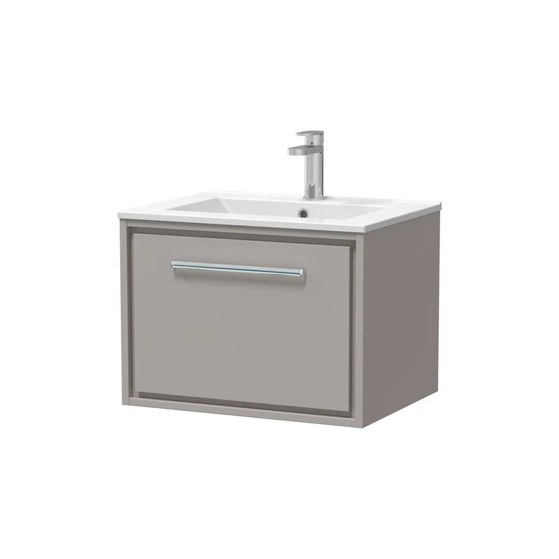 Lille 600mm Wall Hung 1 Drawer Vanity Unit & Minimalist Ceramic Basin - Pebble Grey Matt