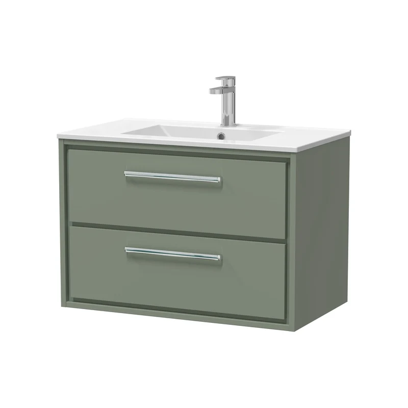 Lille 800mm Wall Hung 2 Drawer Vanity Unit & Minimalist Ceramic Basin - Fern Green Matt