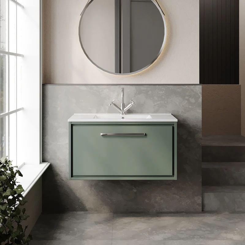 Lille 800mm Wall Hung 1 Drawer Vanity Unit & Minimalist Ceramic Basin - Fern Green Matt