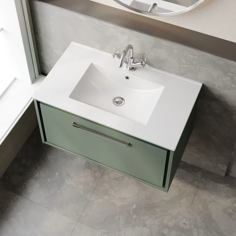 Lille 800mm Wall Hung 1 Drawer Vanity Unit & Minimalist Ceramic Basin - Fern Green Matt