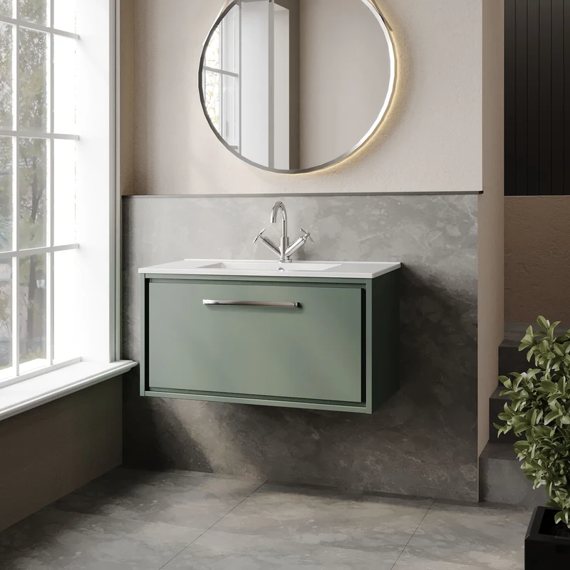 Lille 800mm Wall Hung 1 Drawer Vanity Unit & Minimalist Ceramic Basin - Fern Green Matt