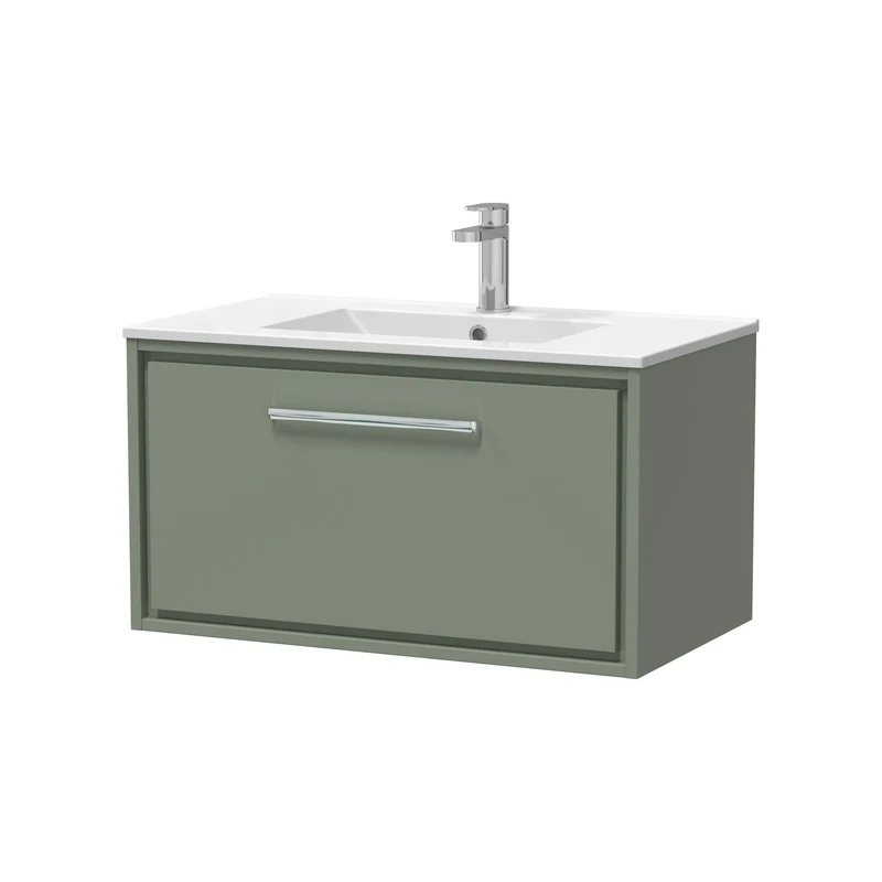 Lille 800mm Wall Hung 1 Drawer Vanity Unit & Minimalist Ceramic Basin - Fern Green Matt