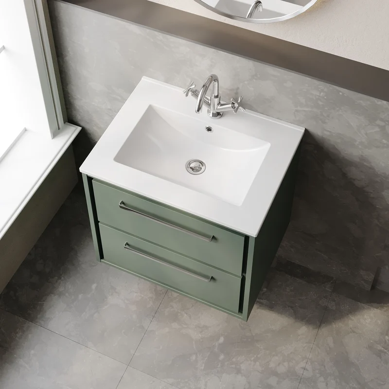 Lille 600mm Wall Hung 2 Drawer Vanity Unit & Minimalist Ceramic Basin - Fern Green Matt