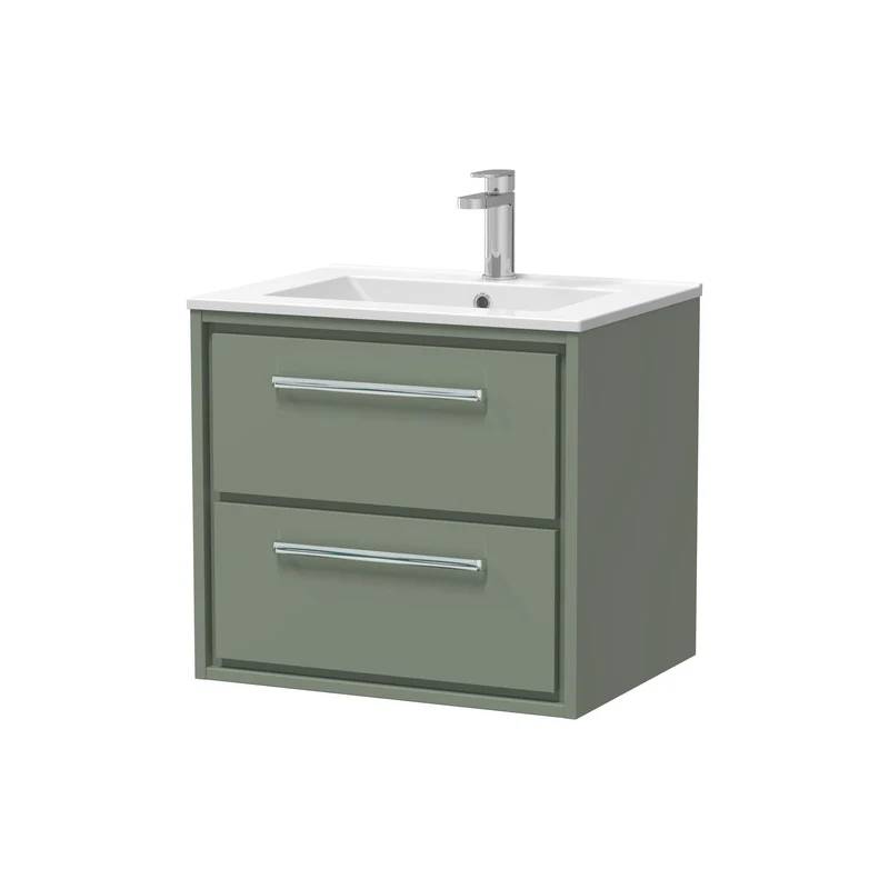 Lille 600mm Wall Hung 2 Drawer Vanity Unit & Minimalist Ceramic Basin - Fern Green Matt