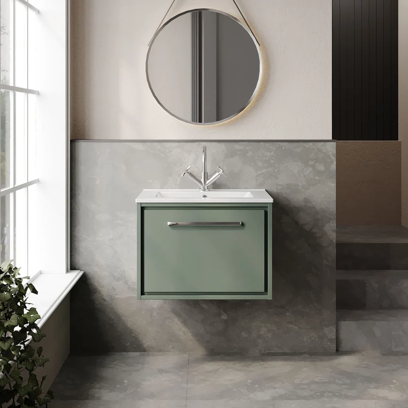 Lille 600mm Wall Hung 1 Drawer Vanity Unit & Minimalist Ceramic Basin - Fern Green Matt