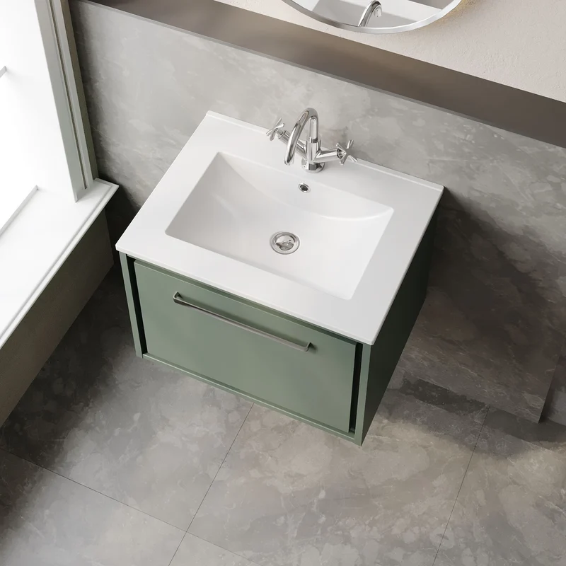 Lille 600mm Wall Hung 1 Drawer Vanity Unit & Minimalist Ceramic Basin - Fern Green Matt