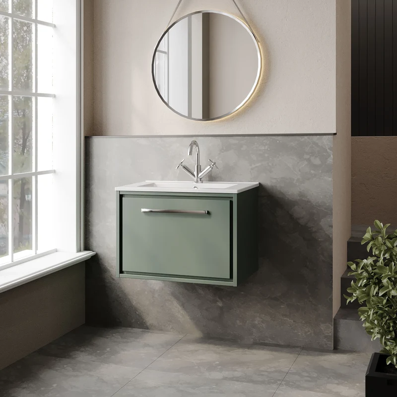 Lille 600mm Wall Hung 1 Drawer Vanity Unit & Minimalist Ceramic Basin - Fern Green Matt