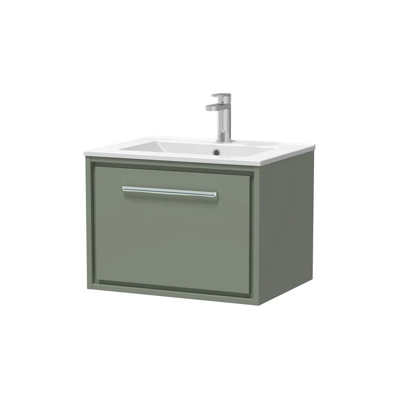 Lille 600mm Wall Hung 1 Drawer Vanity Unit & Minimalist Ceramic Basin - Fern Green Matt