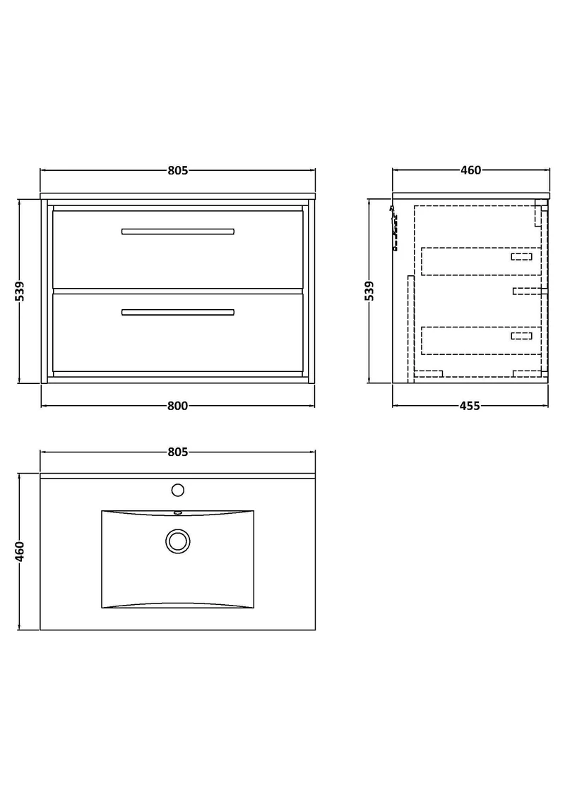 Lille 800mm Wall Hung 2 Drawer Vanity Unit & Minimalist Ceramic Basin - Coastal Grey Matt
