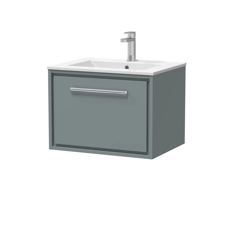 Lille 600mm Wall Hung 1 Drawer Vanity Unit & Minimalist Ceramic Basin - Coastal Grey Matt