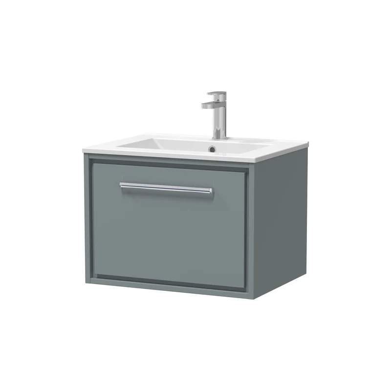 Lille 600mm Wall Hung 1 Drawer Vanity Unit & Minimalist Ceramic Basin - Coastal Grey Matt