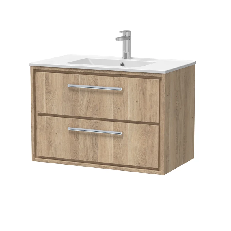 Lille 800mm Wall Hung 2 Drawer Vanity Unit & Minimalist Ceramic Basin - Bleached Oak Woodgrain