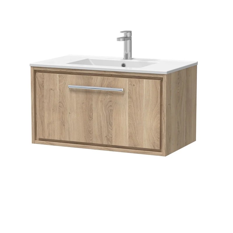 Lille 800mm Wall Hung 1 Drawer Vanity Unit & Minimalist Ceramic Basin - Bleached Oak Woodgrain