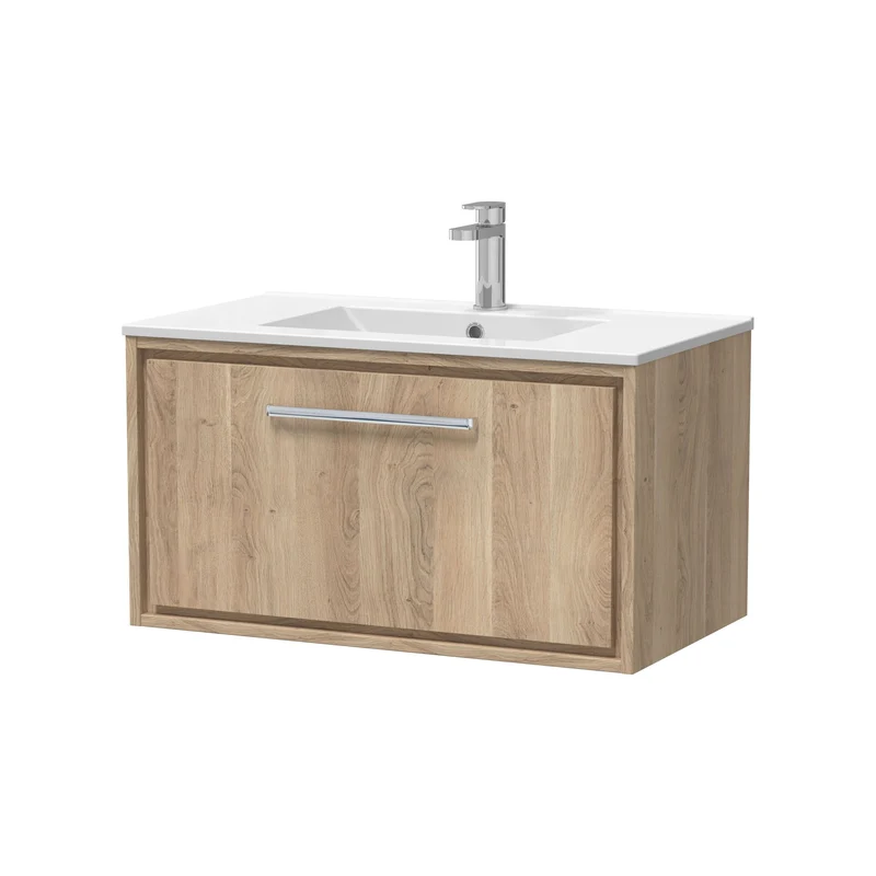 Lille 800mm Wall Hung 1 Drawer Vanity Unit & Minimalist Ceramic Basin - Bleached Oak Woodgrain