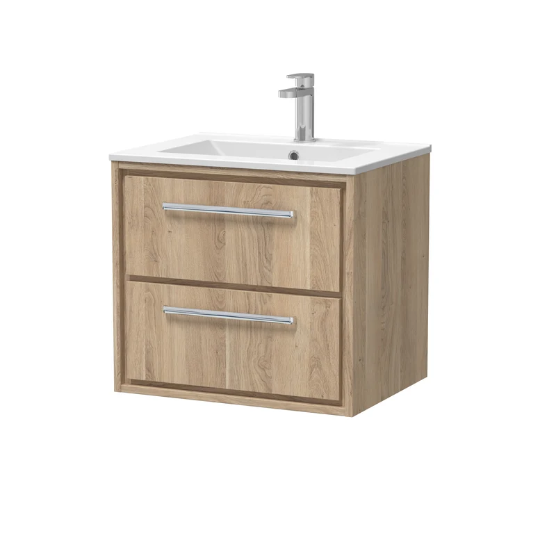 Lille 600mm Wall Hung 2 Drawer Vanity Unit & Minimalist Ceramic Basin - Bleached Oak Woodgrain