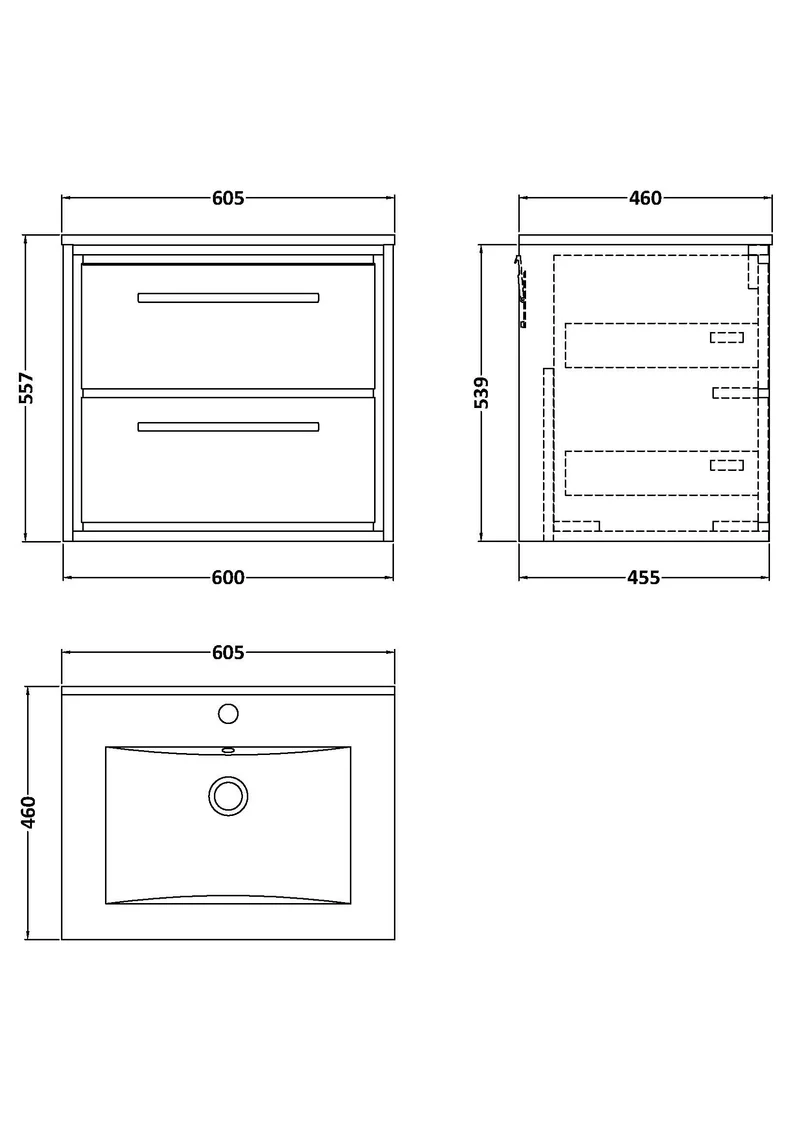 Lille 600mm Wall Hung 2 Drawer Vanity Unit & Minimalist Ceramic Basin - Bleached Oak Woodgrain