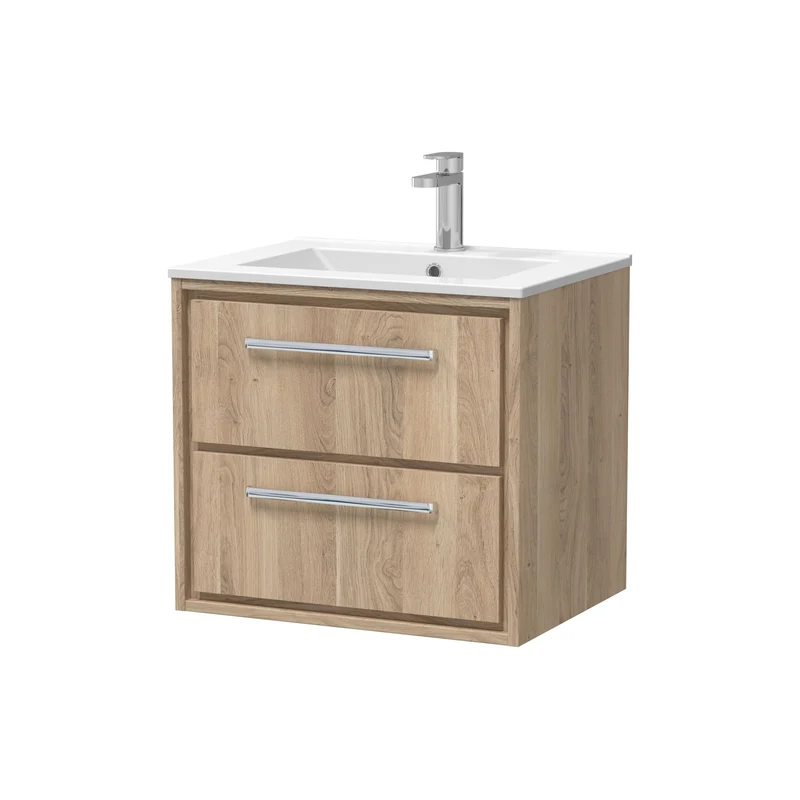 Lille 600mm Wall Hung 2 Drawer Vanity Unit & Minimalist Ceramic Basin - Bleached Oak Woodgrain