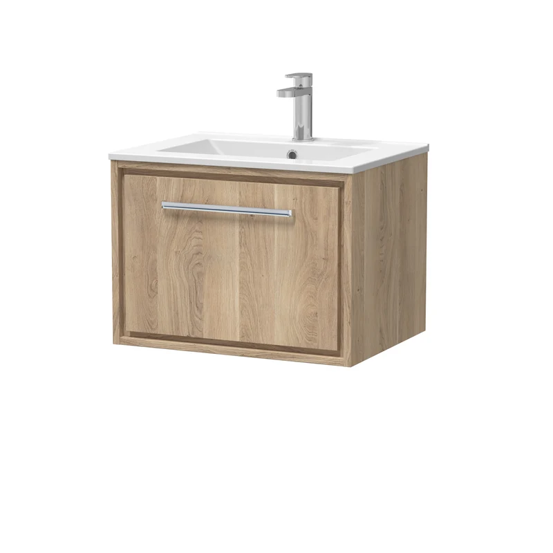 Lille 600mm Wall Hung 1 Drawer Vanity Unit & Minimalist Ceramic Basin - Bleached Oak Woodgrain