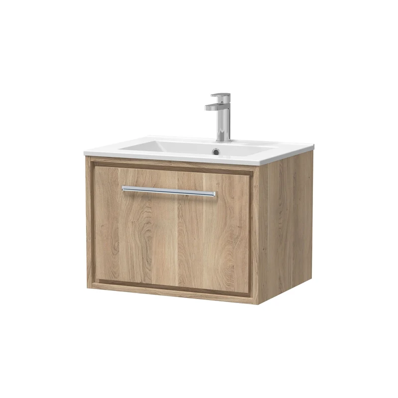 Lille 600mm Wall Hung 1 Drawer Vanity Unit & Minimalist Ceramic Basin - Bleached Oak Woodgrain