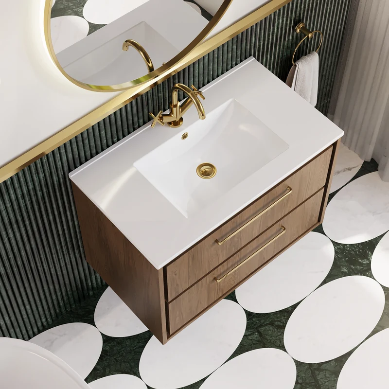 Lille 800mm Wall Hung 2 Drawer Vanity Unit & Minimalist Ceramic Basin - Antique Oak Woodgrain