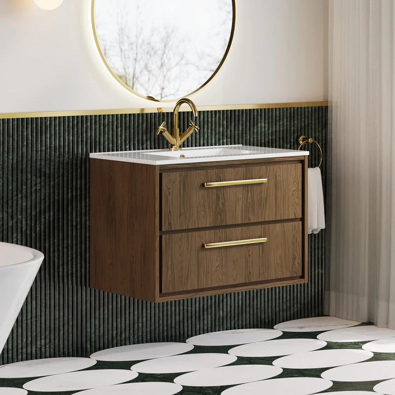 Lille 800mm Wall Hung 2 Drawer Vanity Unit & Minimalist Ceramic Basin - Antique Oak Woodgrain
