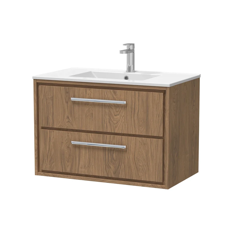 Lille 800mm Wall Hung 2 Drawer Vanity Unit & Minimalist Ceramic Basin - Antique Oak Woodgrain