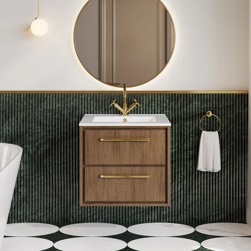 Lille 600mm Wall Hung 2 Drawer Vanity Unit & Minimalist Ceramic Basin - Antique Oak Woodgrain