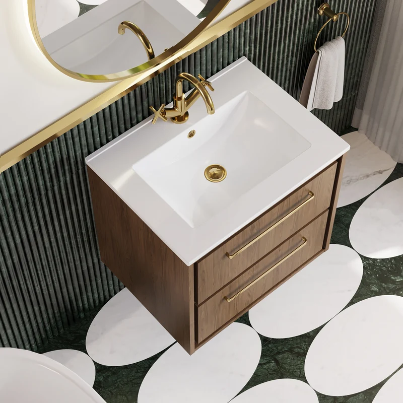 Lille 600mm Wall Hung 2 Drawer Vanity Unit & Minimalist Ceramic Basin - Antique Oak Woodgrain