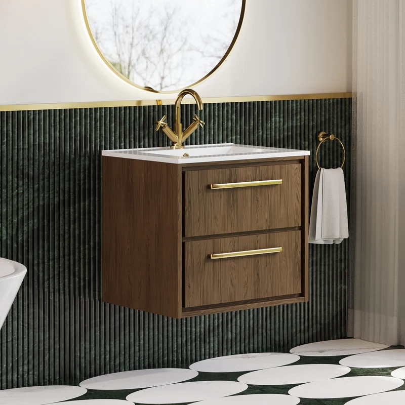 Lille 600mm Wall Hung 2 Drawer Vanity Unit & Minimalist Ceramic Basin - Antique Oak Woodgrain
