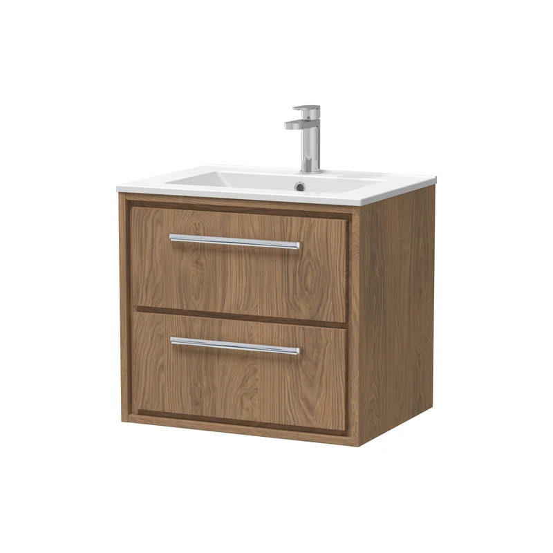 Lille 600mm Wall Hung 2 Drawer Vanity Unit & Minimalist Ceramic Basin - Antique Oak Woodgrain