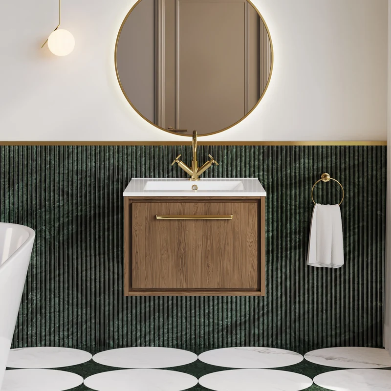 Lille 600mm Wall Hung 1 Drawer Vanity Unit & Minimalist Ceramic Basin - Antique Oak Woodgrain