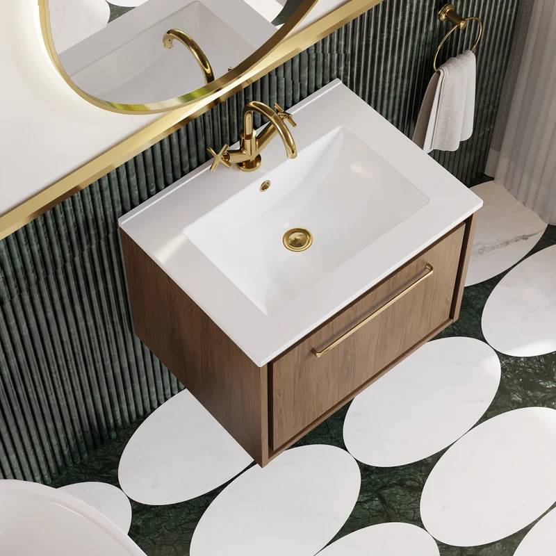 Lille 600mm Wall Hung 1 Drawer Vanity Unit & Minimalist Ceramic Basin - Antique Oak Woodgrain