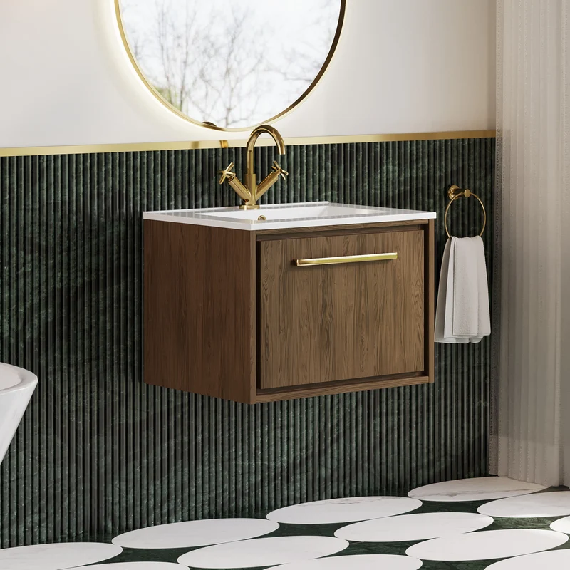 Lille 600mm Wall Hung 1 Drawer Vanity Unit & Minimalist Ceramic Basin - Antique Oak Woodgrain