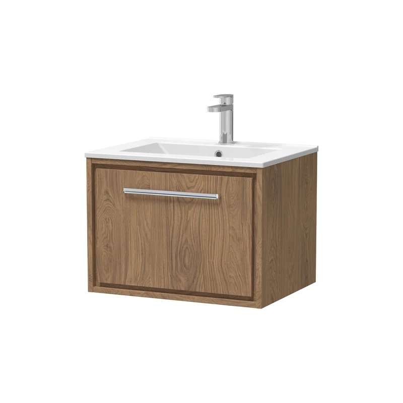 Lille 600mm Wall Hung 1 Drawer Vanity Unit & Minimalist Ceramic Basin - Antique Oak Woodgrain