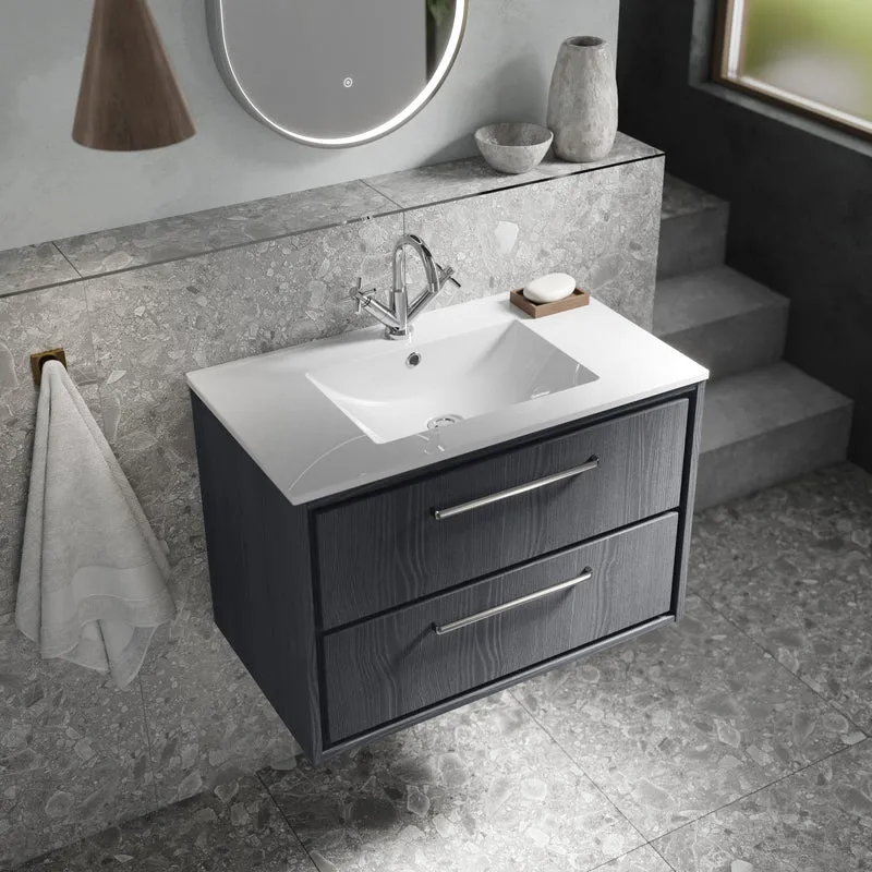 Lille 800mm Wall Hung 2 Drawer Vanity Unit & Minimalist Ceramic Basin - Graphite Grey Woodgrain
