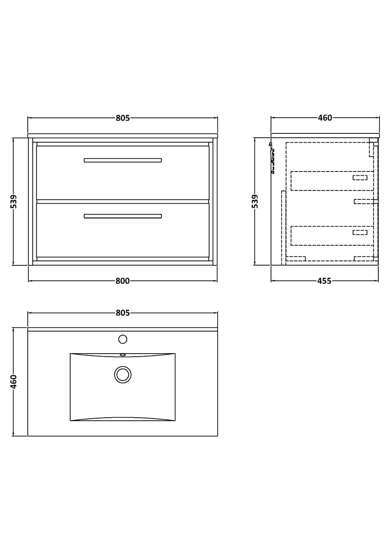 Lille 800mm Wall Hung 2 Drawer Vanity Unit & Minimalist Ceramic Basin - Graphite Grey Woodgrain