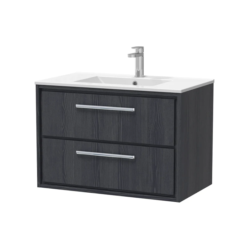 Lille 800mm Wall Hung 2 Drawer Vanity Unit & Minimalist Ceramic Basin - Graphite Grey Woodgrain