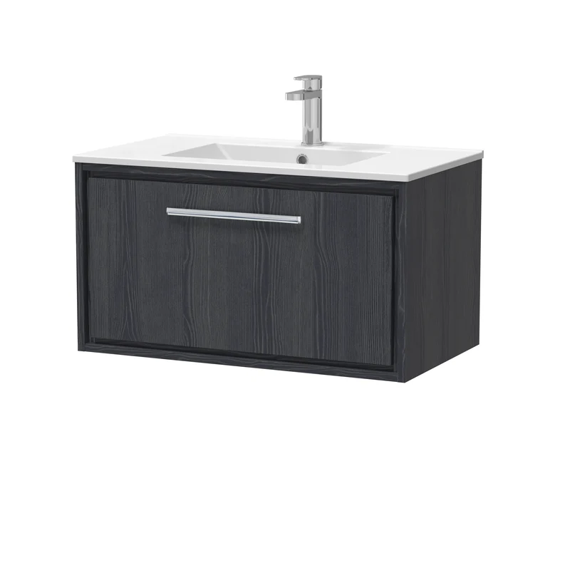 Lille 800mm Wall Hung 1 Drawer Vanity Unit & Minimalist Ceramic Basin - Graphite Grey Woodgrain