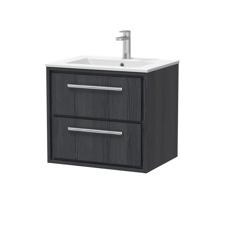 Lille 600mm Wall Hung 2 Drawer Vanity Unit & Minimalist Ceramic Basin - Graphite Grey Woodgrain