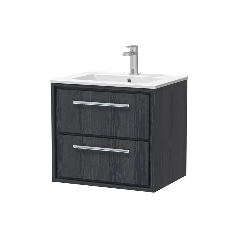 Lille 600mm Wall Hung 2 Drawer Vanity Unit & Minimalist Ceramic Basin - Graphite Grey Woodgrain