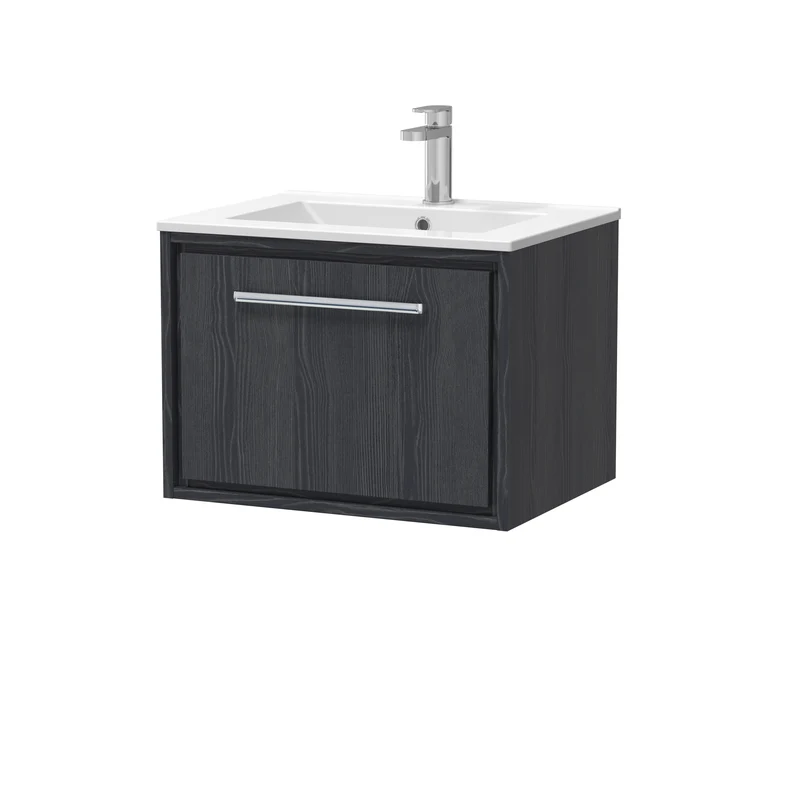 Lille 600mm Wall Hung 1 Drawer Vanity Unit & Minimalist Ceramic Basin - Graphite Grey Woodgrain
