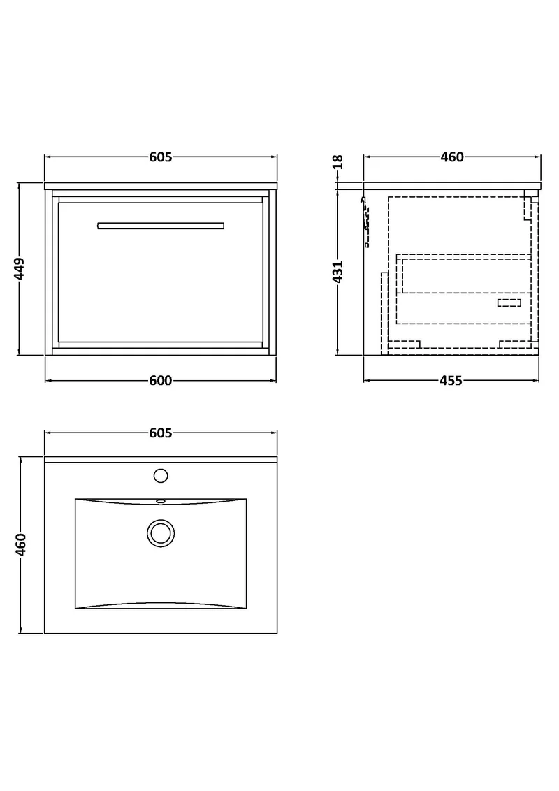 Lille 600mm Wall Hung 1 Drawer Vanity Unit & Minimalist Ceramic Basin - Graphite Grey Woodgrain