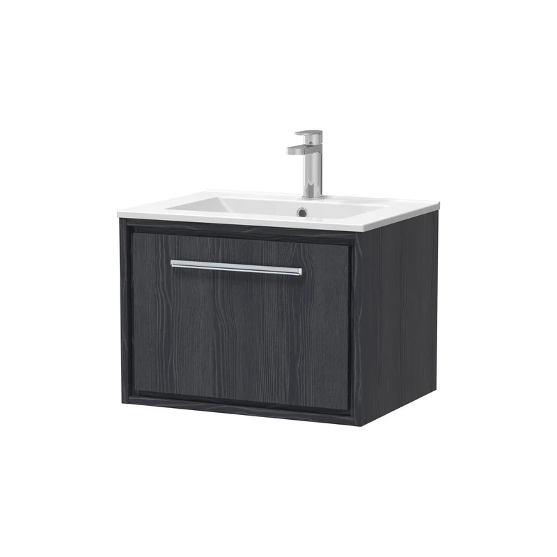 Lille 600mm Wall Hung 1 Drawer Vanity Unit & Minimalist Ceramic Basin - Graphite Grey Woodgrain