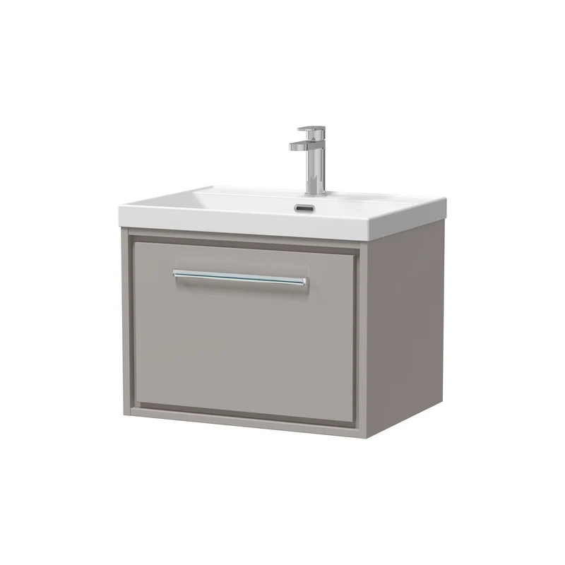 Lille 600mm Wall Hung 1 Drawer Vanity Unit & Thin Edge Ceramic Basin - Pebble Grey Matt