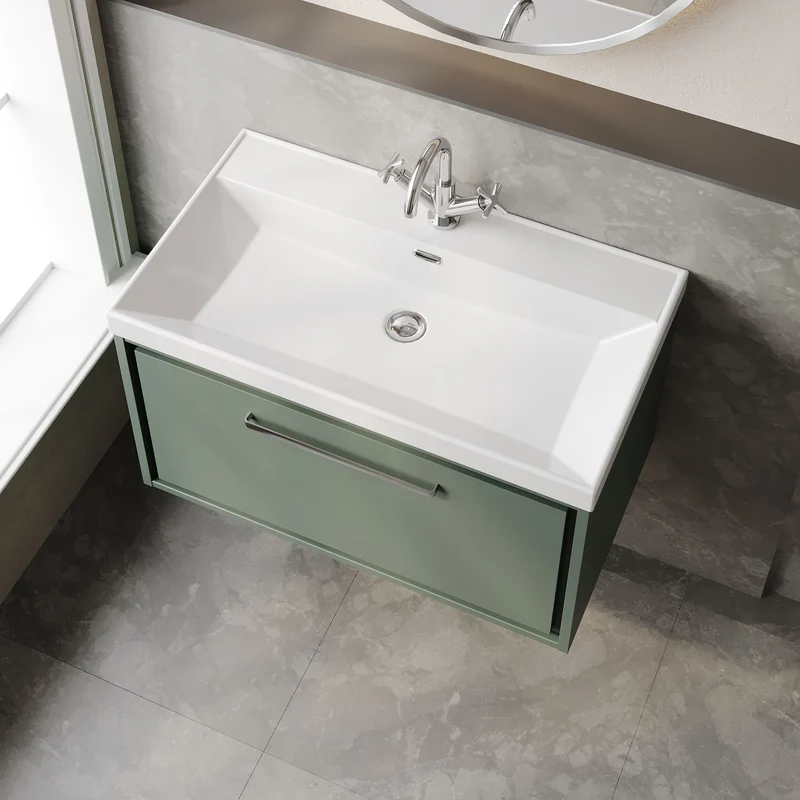Lille 800mm Wall Hung 1 Drawer Vanity Unit & Thin Edge Ceramic Basin - Fern Green Matt