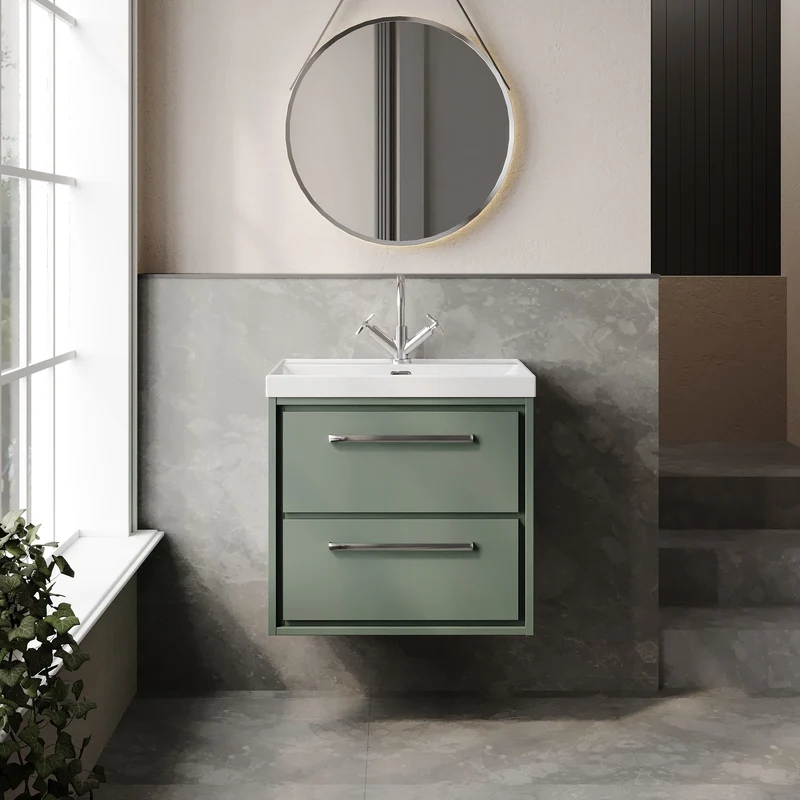 Lille 600mm Wall Hung 2 Drawer Vanity Unit & Thin Edge Ceramic Basin - Fern Green Matt