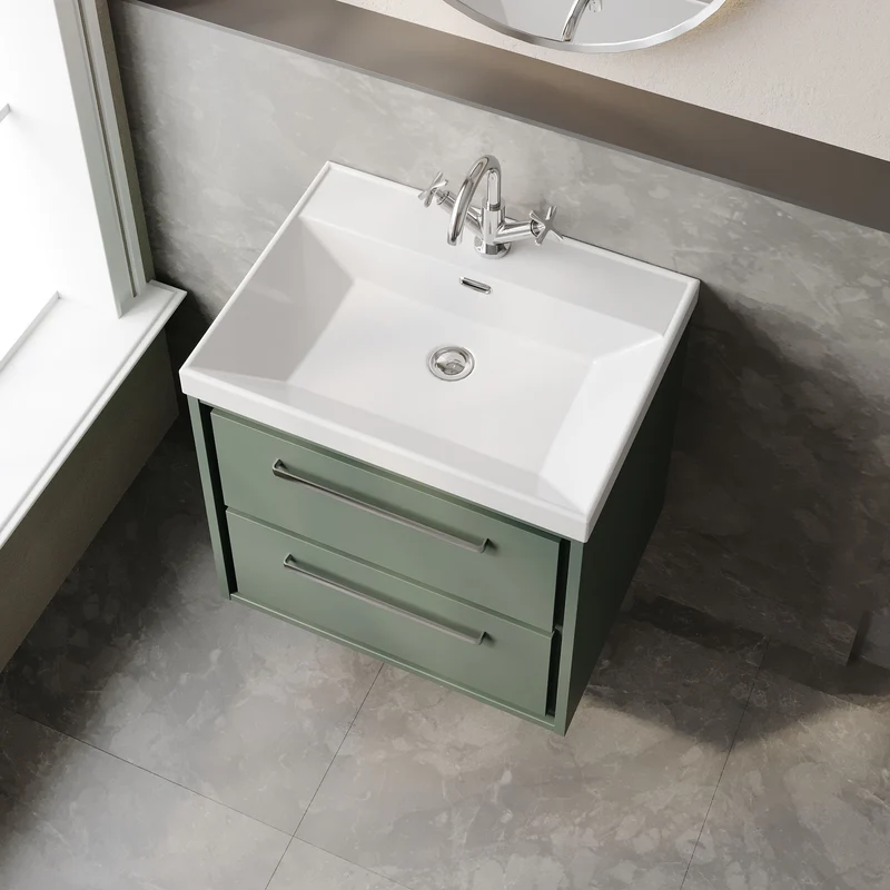 Lille 600mm Wall Hung 2 Drawer Vanity Unit & Thin Edge Ceramic Basin - Fern Green Matt