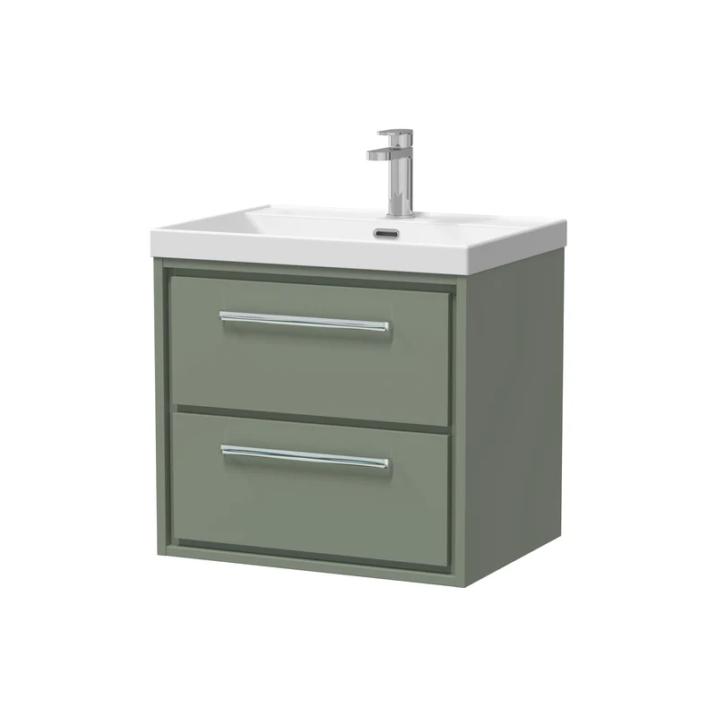 Lille 600mm Wall Hung 2 Drawer Vanity Unit & Thin Edge Ceramic Basin - Fern Green Matt