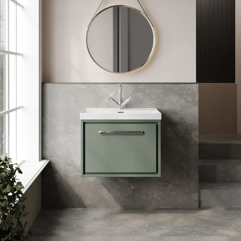 Lille 600mm Wall Hung 1 Drawer Vanity Unit & Thin Edge Ceramic Basin - Fern Green Matt